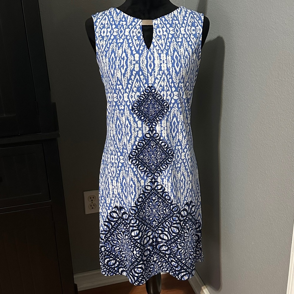 Maria Gabrielle Dress Small Blue White Ikat Sheath‎ Sleeveless Stretch Resort